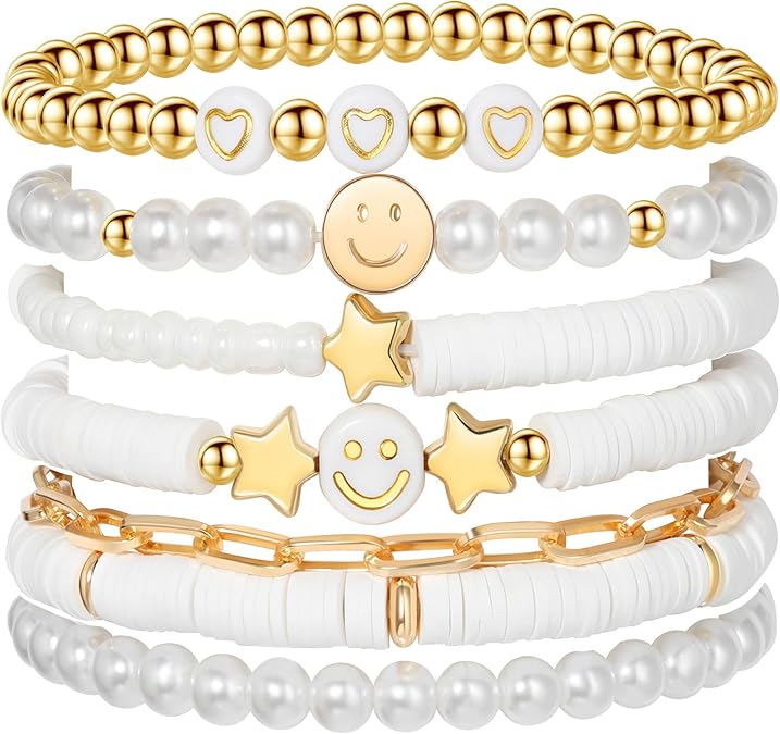 Preppy Bracelets Set Colorful White Gold Smile Heart Star Polymer Beaded Pearl