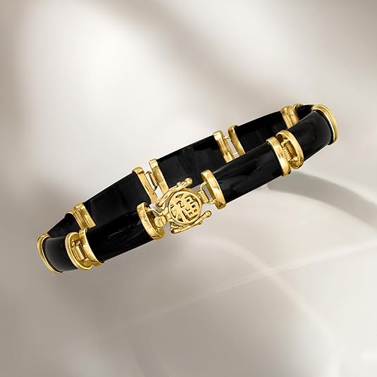 Ross-Simons Black Agate Good Fortune Bracelet in 18kt Gold Over Sterling