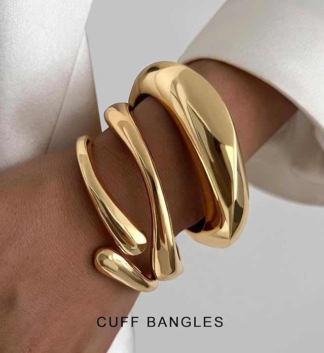 Chunky Gold Bangle Bracelets for Women, Dainty 14k Gold Plated Big Stackable Bangles Set