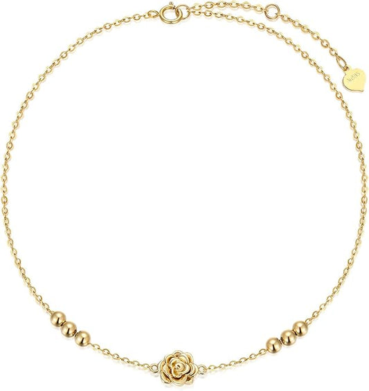 Solid 14K Gold Rose Anklet for Women