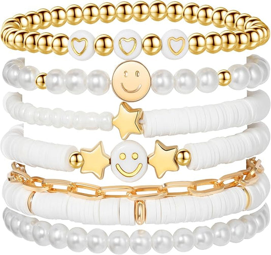 Preppy Bracelets Set Colorful White Gold Smile Heart Star Polymer Beaded Pearl