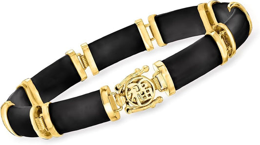 Ross-Simons Black Agate Good Fortune Bracelet in 18kt Gold Over Sterling