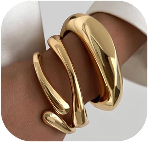 Chunky Gold Bangle Bracelets for Women, Dainty 14k Gold Plated Big Stackable Bangles Set