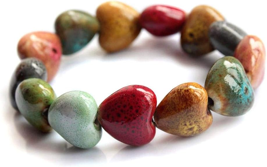 Love Heart Ceramic Bracelet, Flower-Glazed Beaded Bracelet