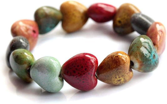 Love Heart Ceramic Bracelet, Flower-Glazed Beaded Bracelet