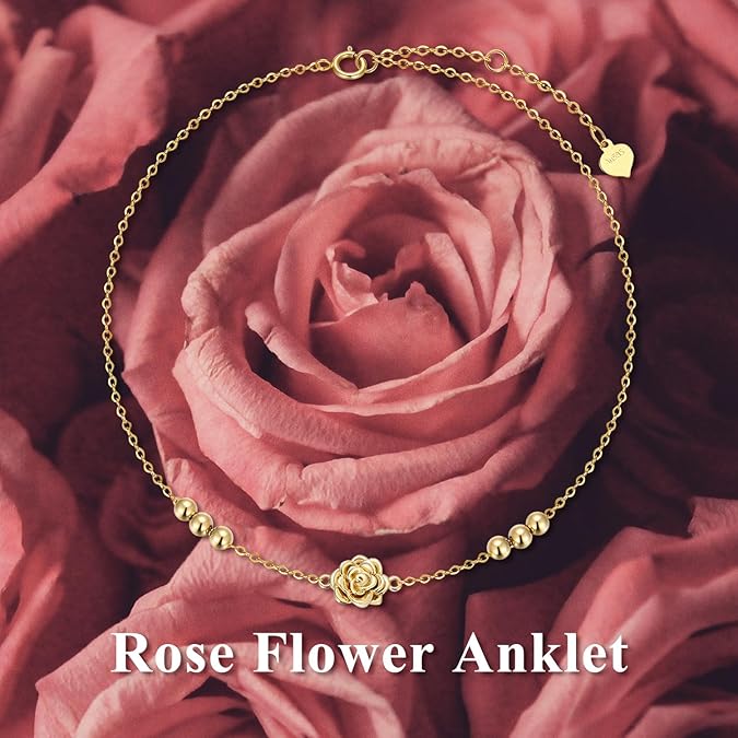 Solid 14K Gold Rose Anklet for Women