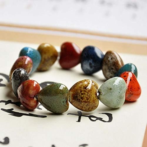 Love Heart Ceramic Bracelet, Flower-Glazed Beaded Bracelet