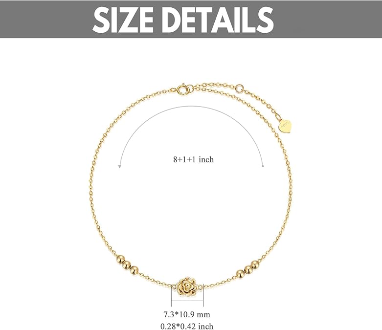 Solid 14K Gold Rose Anklet for Women