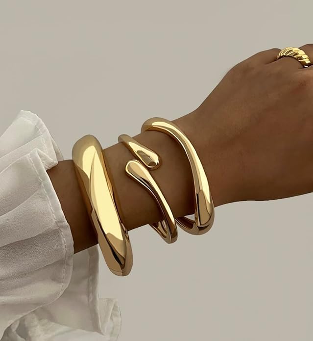 Chunky Gold Bangle Bracelets for Women, Dainty 14k Gold Plated Big Stackable Bangles Set