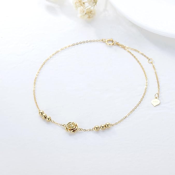 Solid 14K Gold Rose Anklet for Women