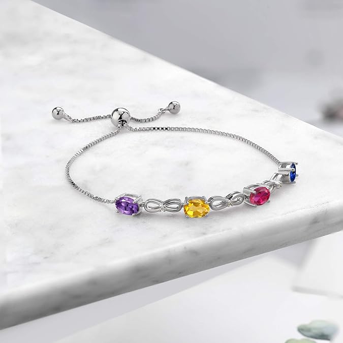 4 Gemstone Birthstone and White Lab Grown Diamond Infinity Tennis Bracelet For Women
