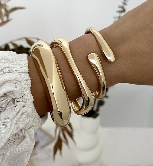 Chunky Gold Bangle Bracelets for Women, Dainty 14k Gold Plated Big Stackable Bangles Set
