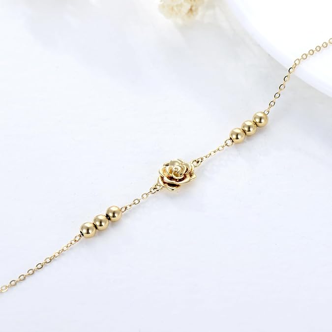 Solid 14K Gold Rose Anklet for Women